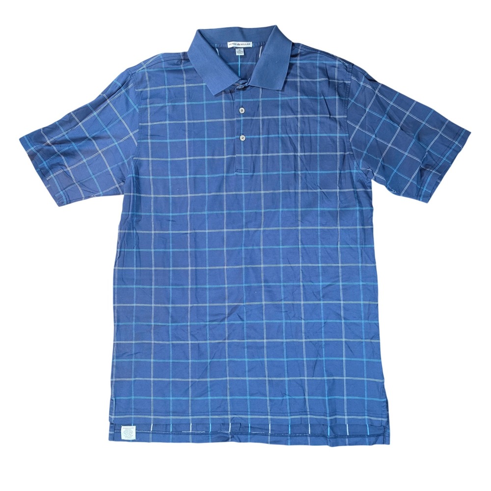 Peter‎ Millar Mens XL Blue Windowpane Check 100% Cotton Short Sleeve Polo Shirt